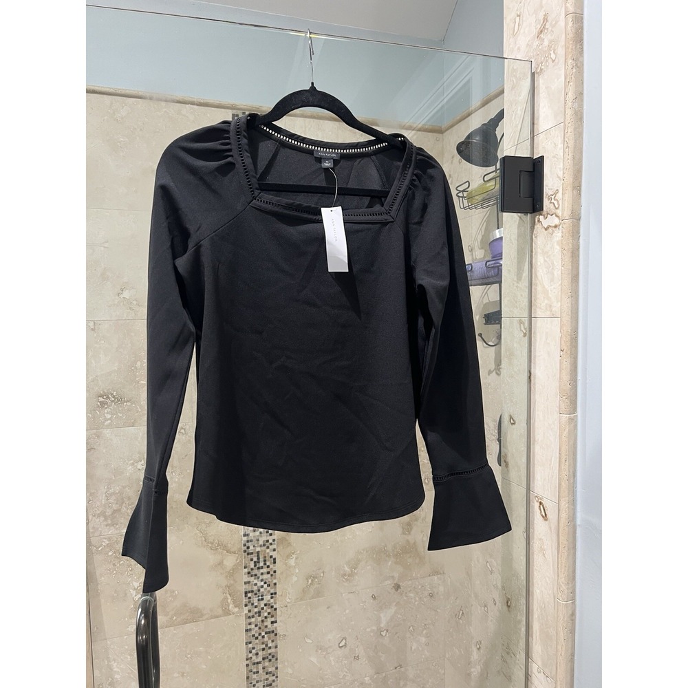 Ann Taylor Womens Black Long Sleeve Blouse Square Neck Bell Cuff XS NEW